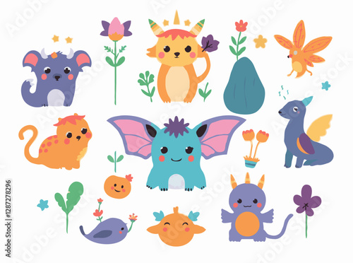 Whimsical Creatures and Fantasy Elements Vector Set