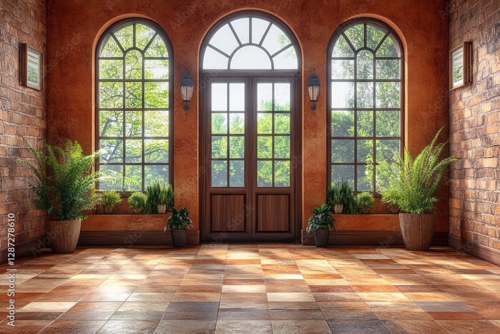 Interior space with arched windows and brick walls Interior space with arched windows and brick walls