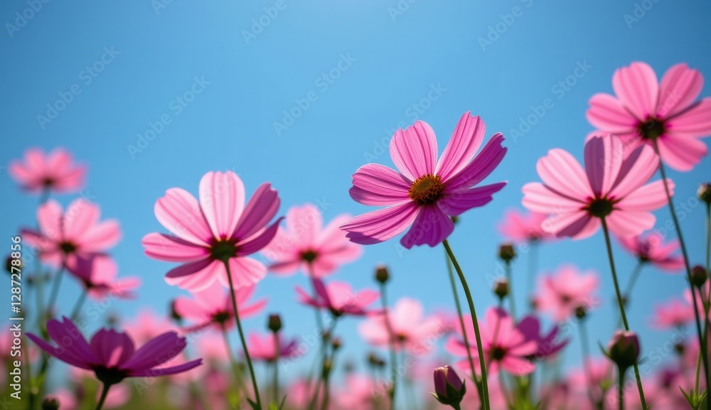 A vibrant field of pink cosmos flowers stretches towards a clear, bright blue sky, capturing the essence of a perfect summer day. A vibrant field of pink cosmos flowers stretches towards a clear, bright blue sky, capturing the essence of a perfect summer day.