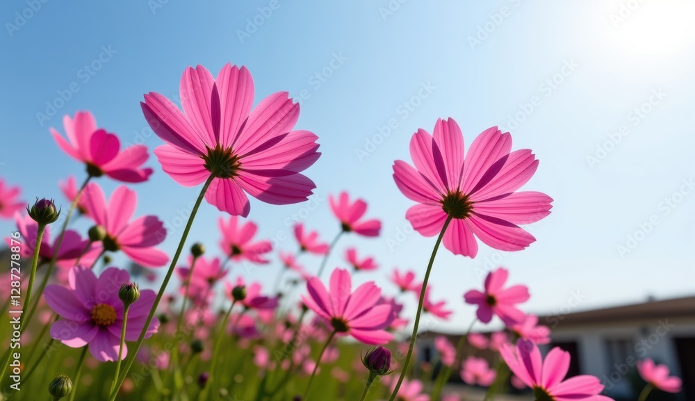 A vibrant field of pink cosmos flowers stretches towards a clear, bright blue sky, capturing the essence of a perfect summer day. A vibrant field of pink cosmos flowers stretches towards a clear, bright blue sky, capturing the essence of a perfect summer day.