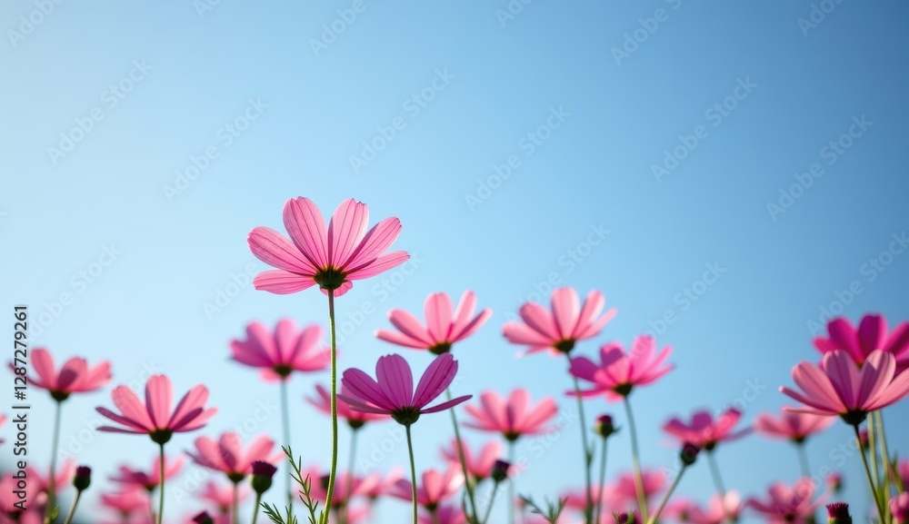 A vibrant field of pink cosmos flowers stretches towards a clear, bright blue sky, capturing the essence of a perfect summer day. A vibrant field of pink cosmos flowers stretches towards a clear, bright blue sky, capturing the essence of a perfect summer day.