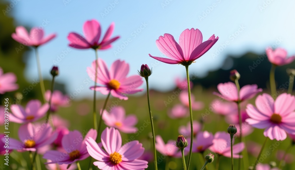 A vibrant field of pink cosmos flowers stretches towards a clear, bright blue sky, capturing the essence of a perfect summer day.