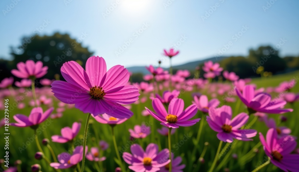 A vibrant field of pink cosmos flowers stretches towards a clear, bright blue sky, capturing the essence of a perfect summer day. A vibrant field of pink cosmos flowers stretches towards a clear, bright blue sky, capturing the essence of a perfect summer day.