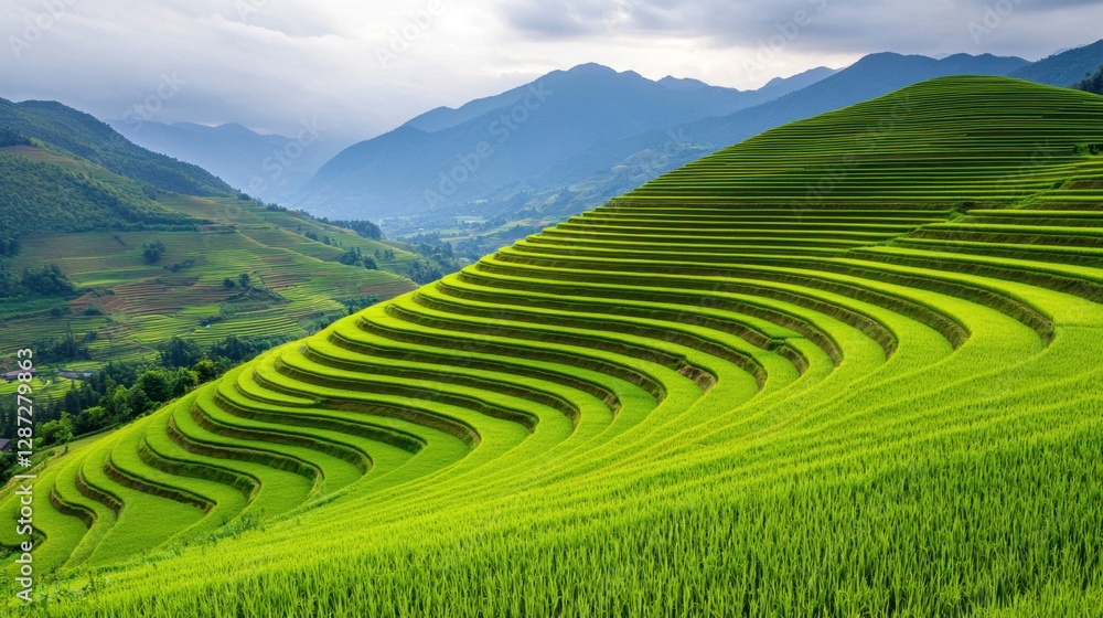 Fototapeta premium Lush green terraced rice fields cascade down rolling hills, surrounded by majestic mountains under a serene sky.