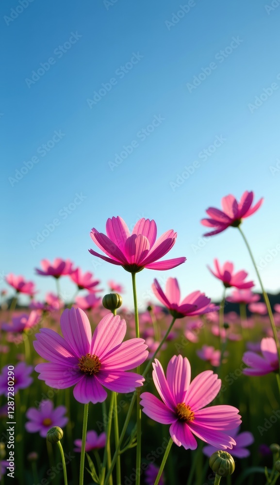 A vibrant field of pink cosmos flowers stretches towards a clear, bright blue sky, capturing the essence of a perfect summer day.
