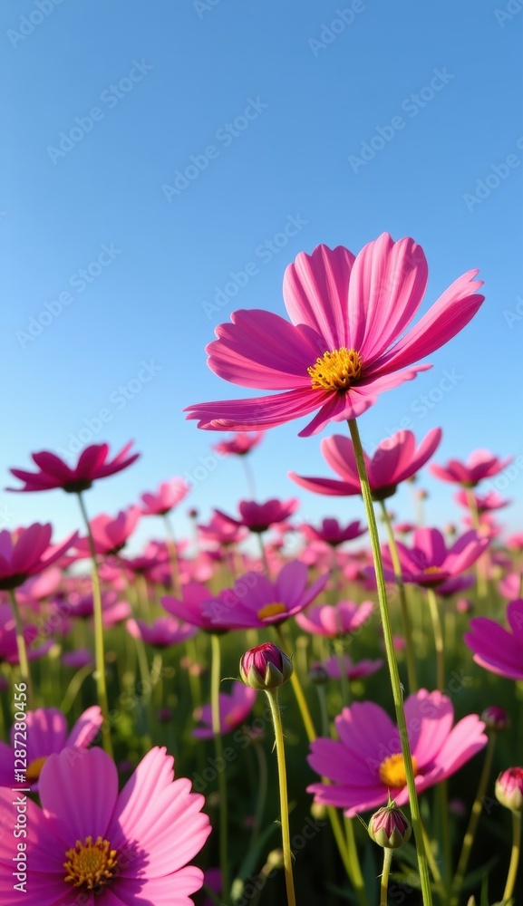 A vibrant field of pink cosmos flowers stretches towards a clear, bright blue sky, capturing the essence of a perfect summer day. A vibrant field of pink cosmos flowers stretches towards a clear, bright blue sky, capturing the essence of a perfect summer day.