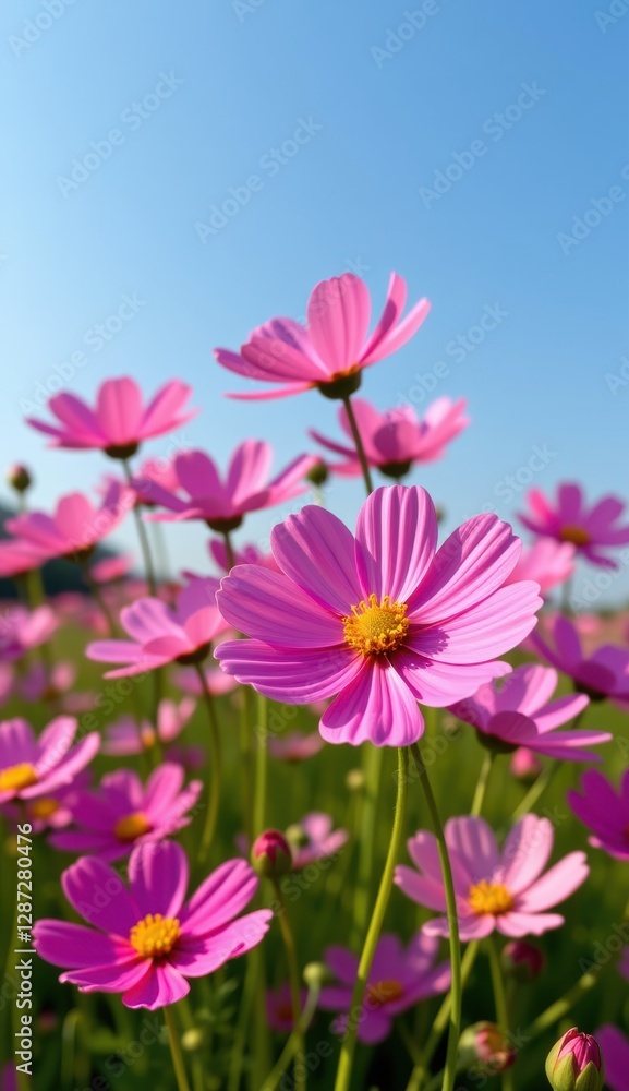 A vibrant field of pink cosmos flowers stretches towards a clear, bright blue sky, capturing the essence of a perfect summer day. A vibrant field of pink cosmos flowers stretches towards a clear, bright blue sky, capturing the essence of a perfect summer day.