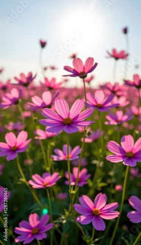 A vibrant field of pink cosmos flowers stretches towards a clear, bright blue sky, capturing the essence of a perfect summer day.
