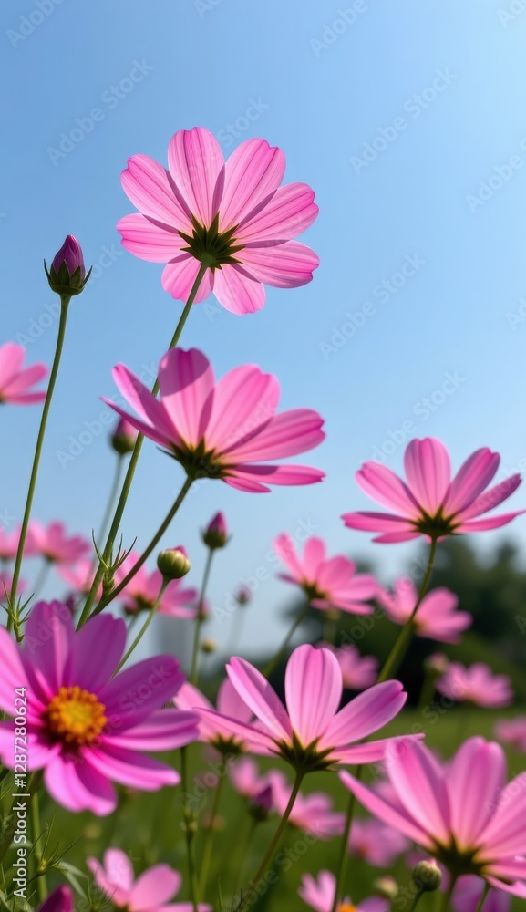 A vibrant field of pink cosmos flowers stretches towards a clear, bright blue sky, capturing the essence of a perfect summer day. A vibrant field of pink cosmos flowers stretches towards a clear, bright blue sky, capturing the essence of a perfect summer day.