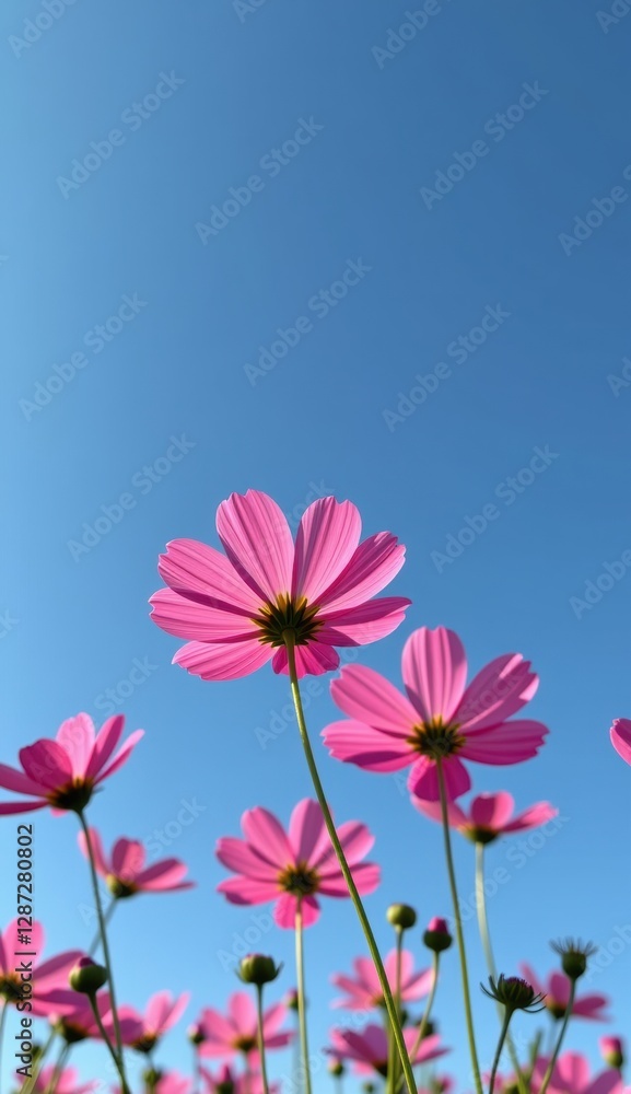 A vibrant field of pink cosmos flowers stretches towards a clear, bright blue sky, capturing the essence of a perfect summer day. A vibrant field of pink cosmos flowers stretches towards a clear, bright blue sky, capturing the essence of a perfect summer day.