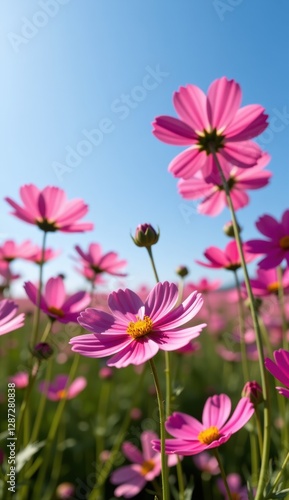 A vibrant field of pink cosmos flowers stretches towards a clear, bright blue sky, capturing the essence of a perfect summer day.