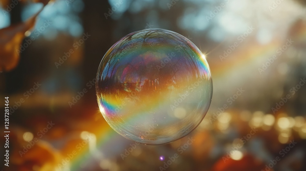 A shimmering soap bubble floats in the warm sunlight, reflecting a rainbow of colors. A shimmering soap bubble floats in the warm sunlight, reflecting a rainbow of colors.