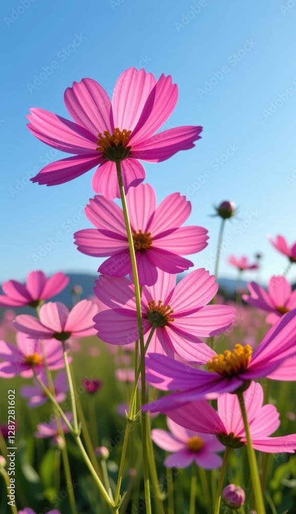 A vibrant field of pink cosmos flowers stretches towards a clear, bright blue sky, capturing the essence of a perfect summer day. A vibrant field of pink cosmos flowers stretches towards a clear, bright blue sky, capturing the essence of a perfect summer day.