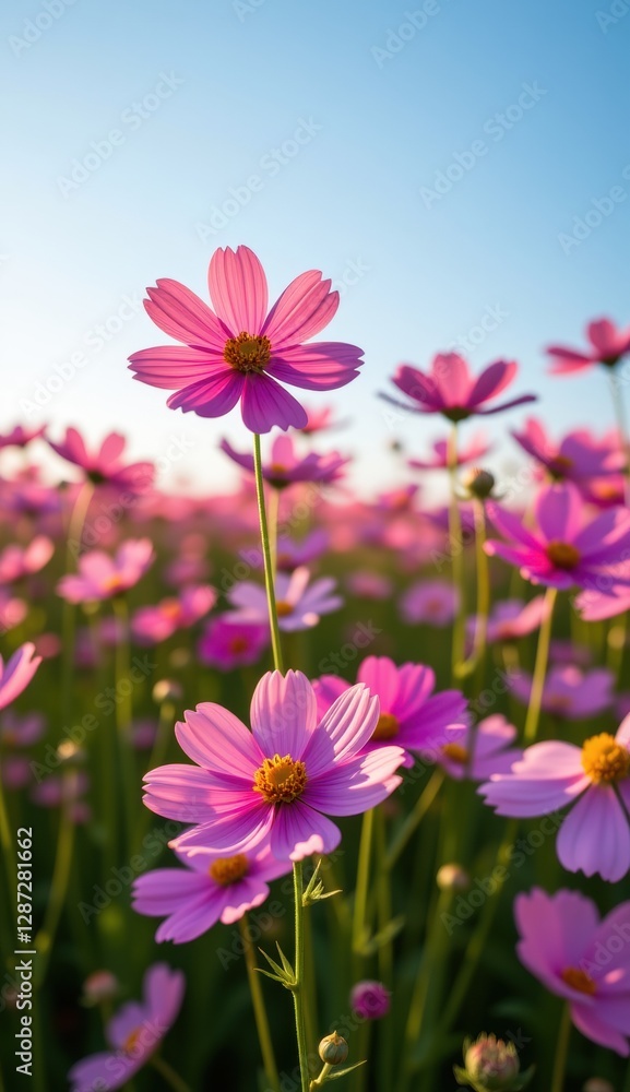 A vibrant field of pink cosmos flowers stretches towards a clear, bright blue sky, capturing the essence of a perfect summer day. A vibrant field of pink cosmos flowers stretches towards a clear, bright blue sky, capturing the essence of a perfect summer day.