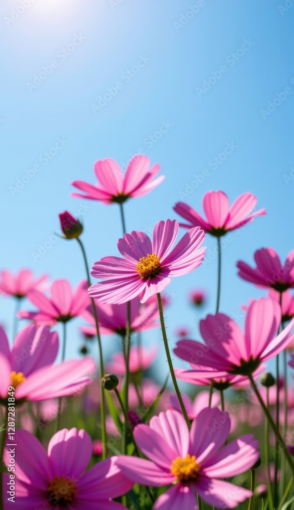 A vibrant field of pink cosmos flowers stretches towards a clear, bright blue sky, capturing the essence of a perfect summer day.
