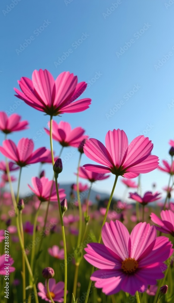 A vibrant field of pink cosmos flowers stretches towards a clear, bright blue sky, capturing the essence of a perfect summer day. A vibrant field of pink cosmos flowers stretches towards a clear, bright blue sky, capturing the essence of a perfect summer day.