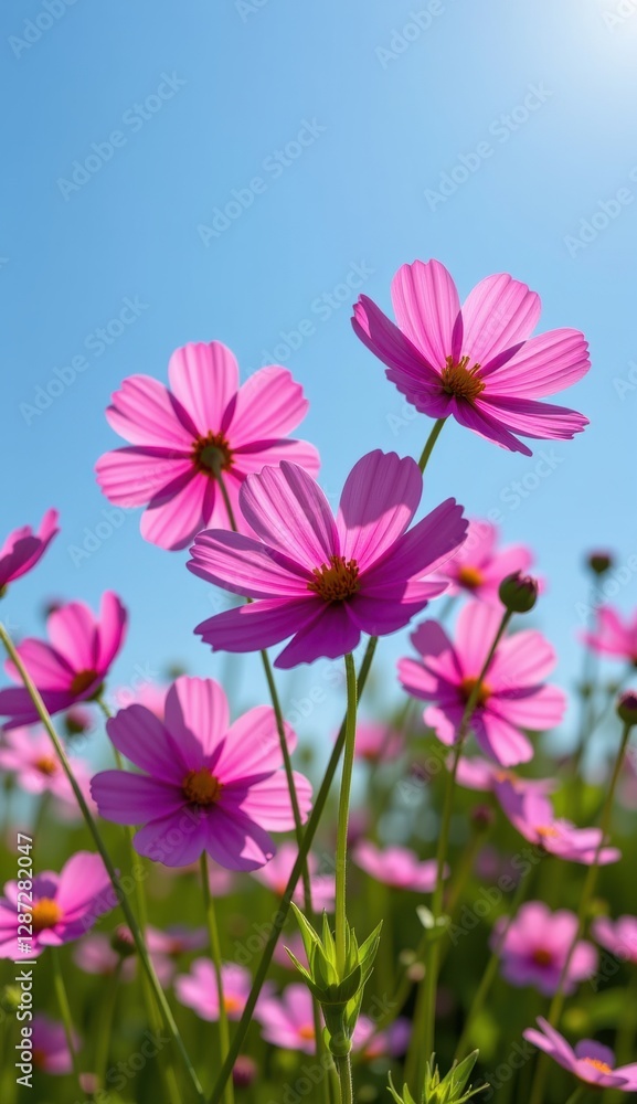 A vibrant field of pink cosmos flowers stretches towards a clear, bright blue sky, capturing the essence of a perfect summer day. A vibrant field of pink cosmos flowers stretches towards a clear, bright blue sky, capturing the essence of a perfect summer day.