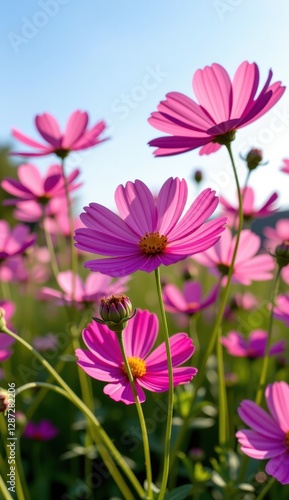 A vibrant field of pink cosmos flowers stretches towards a clear, bright blue sky, capturing the essence of a perfect summer day.