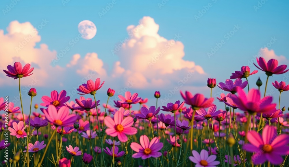 Colorful pink flowers bloom under a bright moon against a backdrop of fluffy clouds in a serene field Colorful pink flowers bloom under a bright moon against a backdrop of fluffy clouds in a serene field
