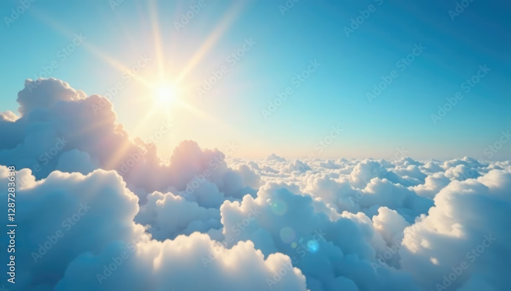 A brilliant sun illuminates a layer of soft white clouds in a clear blue sky, atmospheric, serene A brilliant sun illuminates a layer of soft white clouds in a clear blue sky, atmospheric, serene