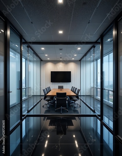 The minimalist conference room displays a large rectangular table