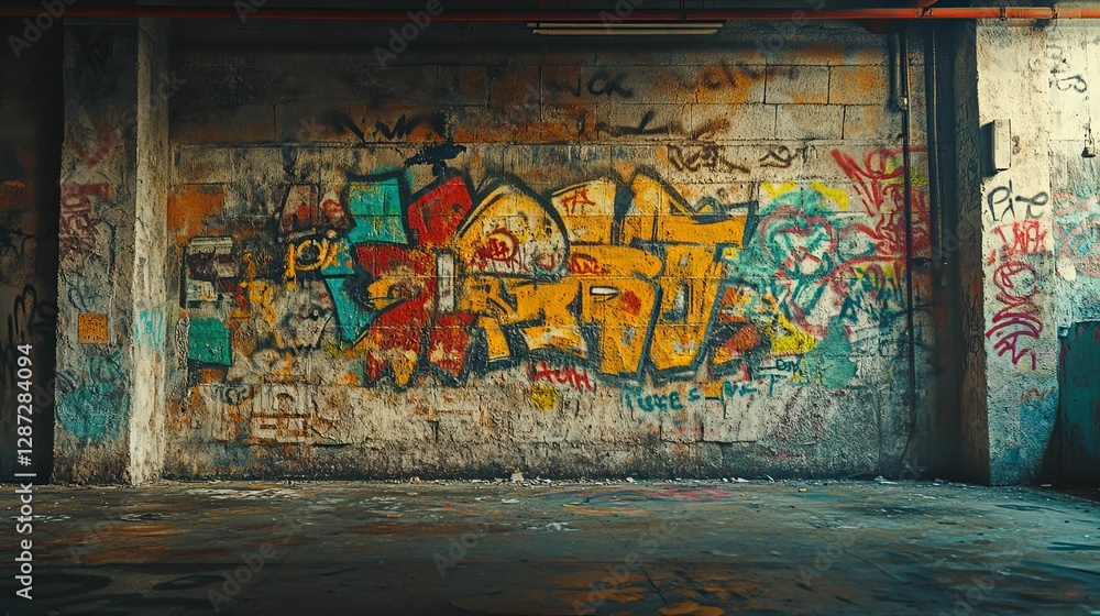 Fototapeta premium Colorful Graffiti Art Decorates Abandoned Brick Wall