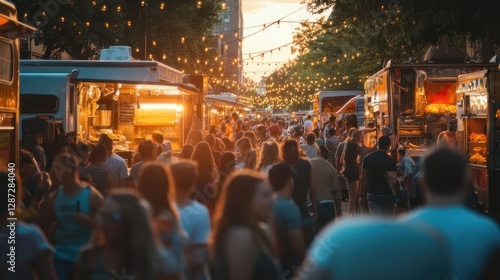 Crowded urban food truck festival at sunset