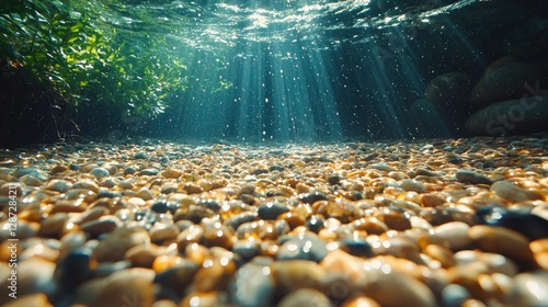 Underwater Serenity: Sunbeams Dance on Riverbed Pebbles