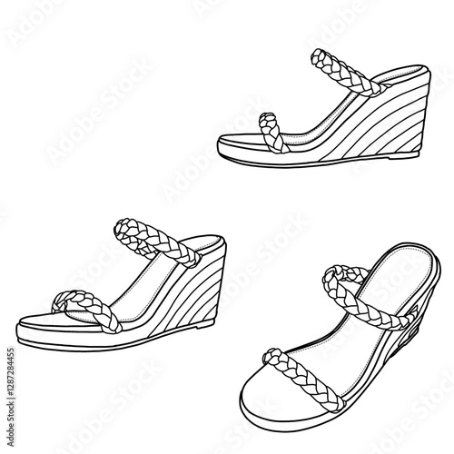 Technical sketch drawing of women's wedges sandals braided strap open-toe party shoes line art. Side and top view. Flat sketch vector outline vector doodle illustration. Isolated on a white background