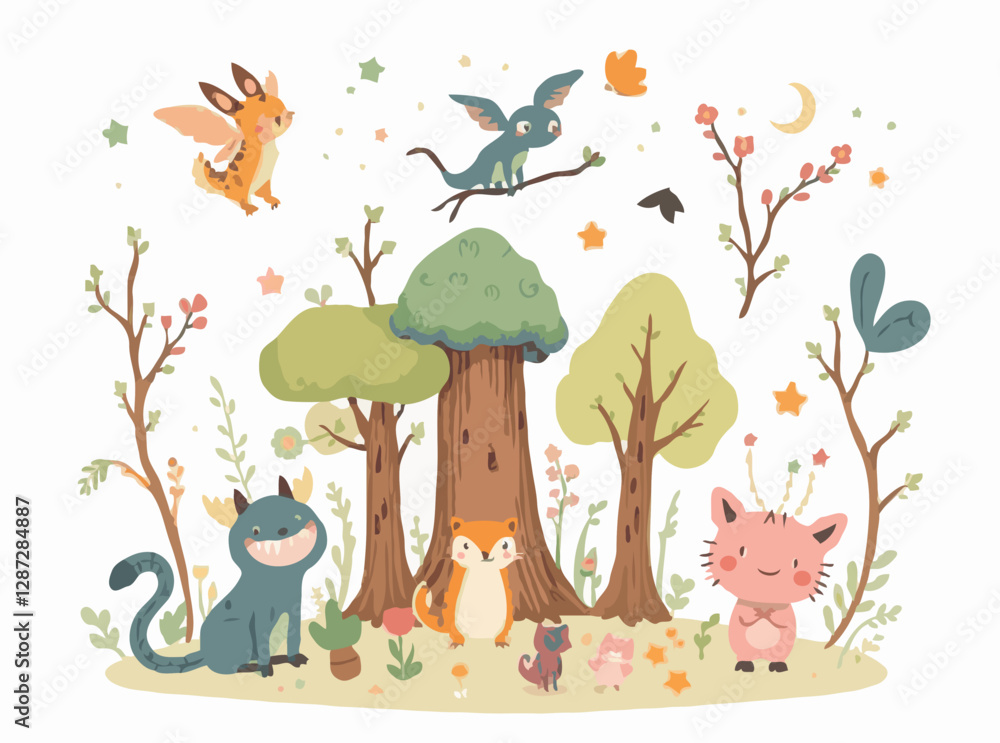 Naklejka premium Magical Forest Creatures - Whimsical Vector Elements for Children's Stories