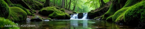 Riverbank moss with short waterfall amidst tall trees, landscape photography, forest