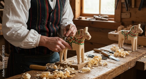 Craftsman Carving Wooden Horse Figurine in Workshop with Traditional Tools