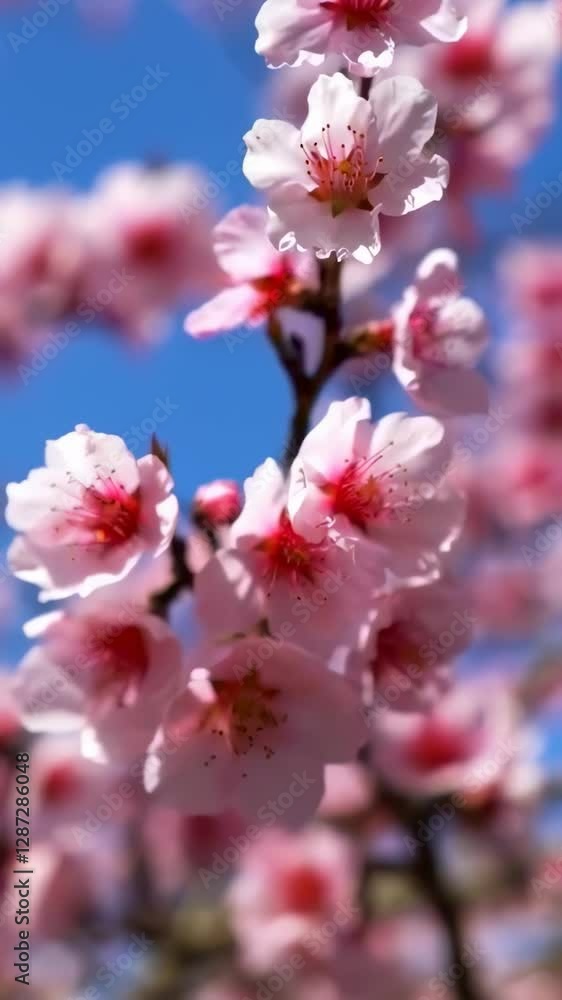 Vertical video Cherry blossom flowers, soft pink petals against a bright blue sky Vertical video Cherry blossom flowers, soft pink petals against a bright blue sky