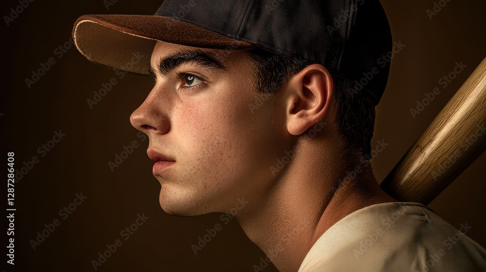 Obraz premium a striking side-profile shot of a male baseball player, his cap tilted slightly as he grips a wooden bat over his shoulder