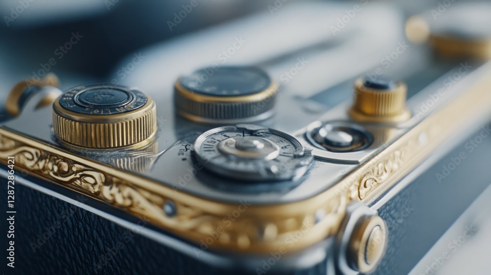 Close-up of an antique camera's intricate details, showcasing its elegant gold and silver design. Close-up of an antique camera's intricate details, showcasing its elegant gold and silver design.