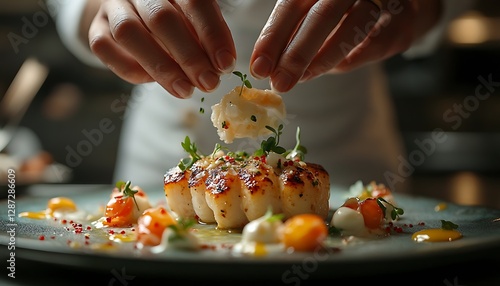 Chef garnishing fish dish on plate photo