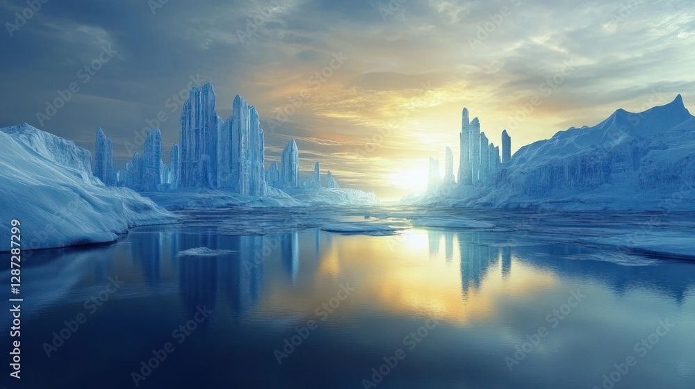 Fototapeta premium Frozen Cityscape at Sunset: A Breathtaking Glacial Panorama