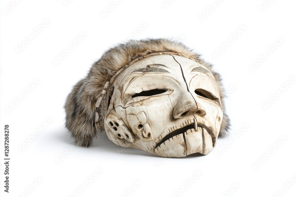 Naklejka premium Ancient Carved Mask with Fur Accents