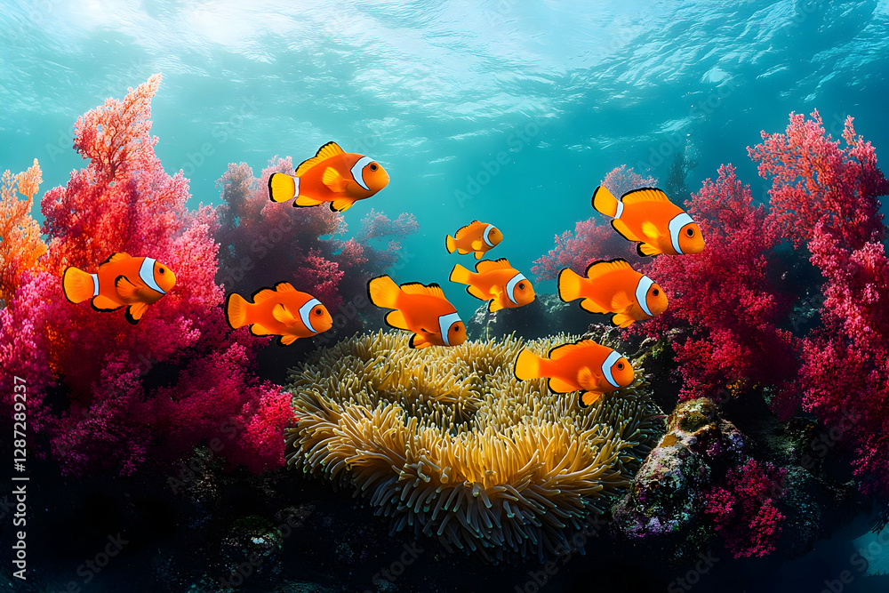 Naklejka premium Pixelated Clownfish School In Coral Reef