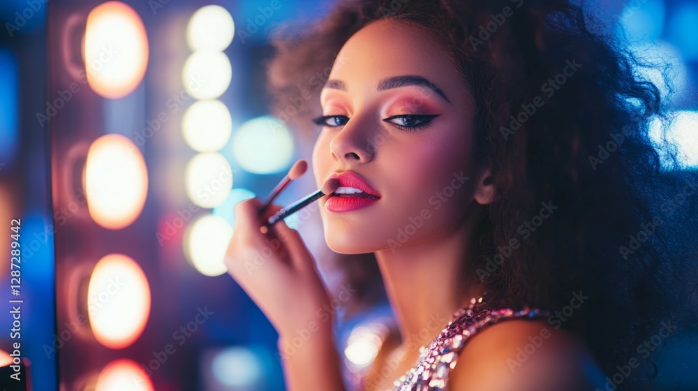 Fototapeta premium Young woman applying makeup in front of vanity lights.