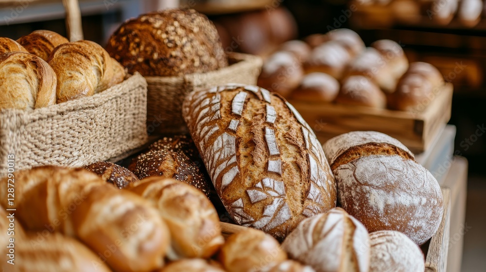 Bakery shop with assortment of bread on shelves. High quality photo Bakery shop with assortment of bread on shelves. High quality photo
