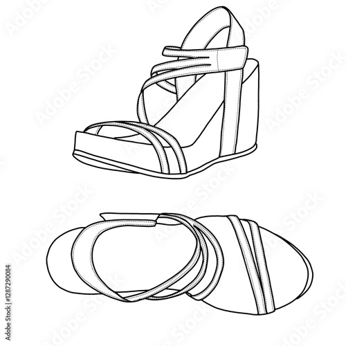 Technical sketch drawing of women's wedges sandals with multi-strap open-toe line art. Side, front, and top view. Flat sketch vector outline vector doodle illustration. Isolated on a white background