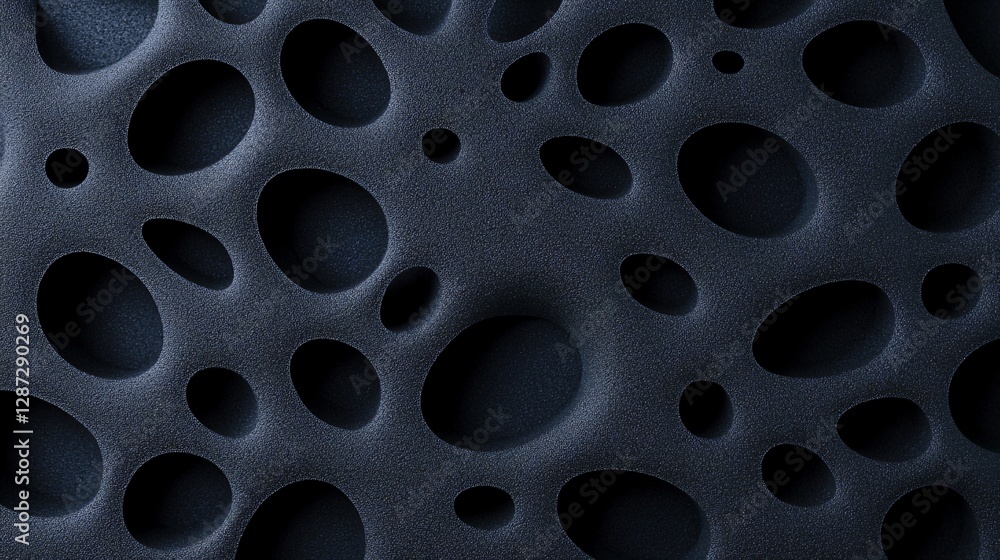 Abstract Black Textured Surface: An intriguing close-up of a dark-colored, textured surface with a repeating pattern of organic, irregular holes creating a visually stimulating and modern aesthetic. Abstract Black Textured Surface: An intriguing close-up of a dark-colored, textured surface with a repeating pattern of organic, irregular holes creating a visually stimulating and modern aesthetic.