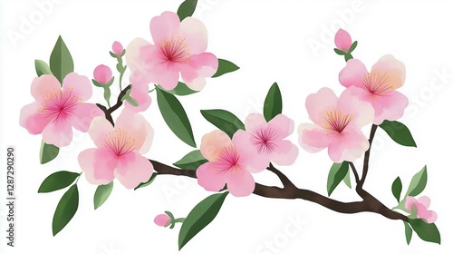 Delicate Pink Cherry Blossoms Blooming on Branch with Fresh Green Leaves
