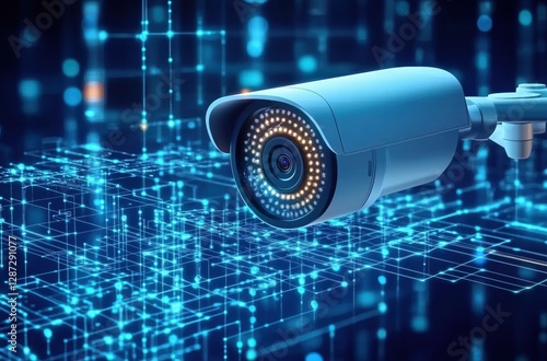High-Tech Security Camera Monitoring Digital Network with Futuristic Background

