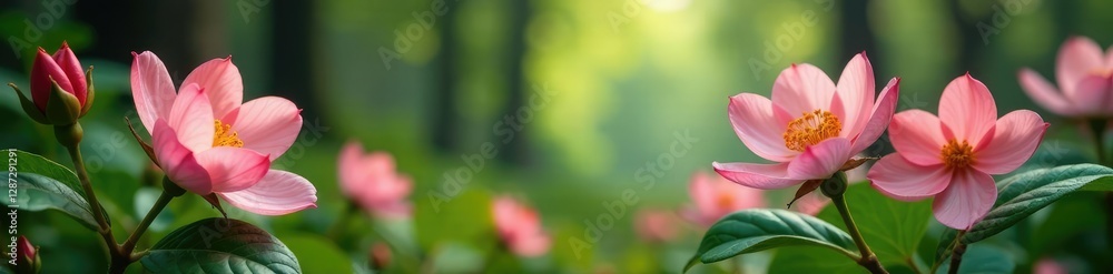 Soft petals unfurl in hues of blush pink amidst forest foliage, landscape, wild blossoms Soft petals unfurl in hues of blush pink amidst forest foliage, landscape, wild blossoms