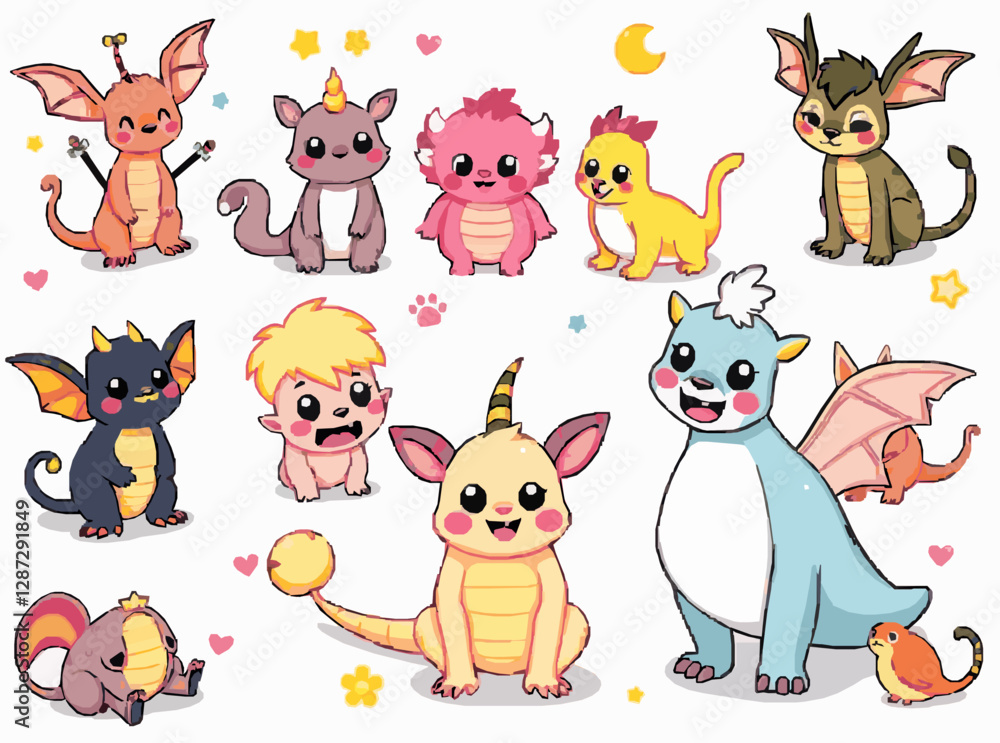 Naklejka premium Cute Fantasy Creatures Set in Bright Colors for Children's Tales