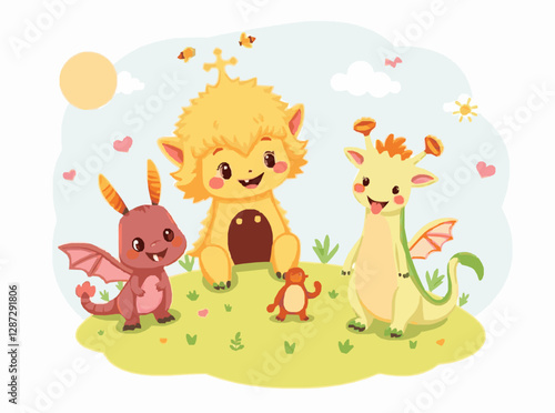 Cute Fantasy Creatures Set in Bright Colors for Children's Tales