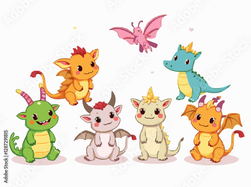 Cute Fantasy Creatures Set in Bright Colors for Children's Tales