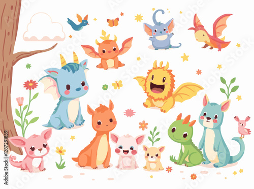Cute Fantasy Creatures Set in Bright Colors for Children's Tales